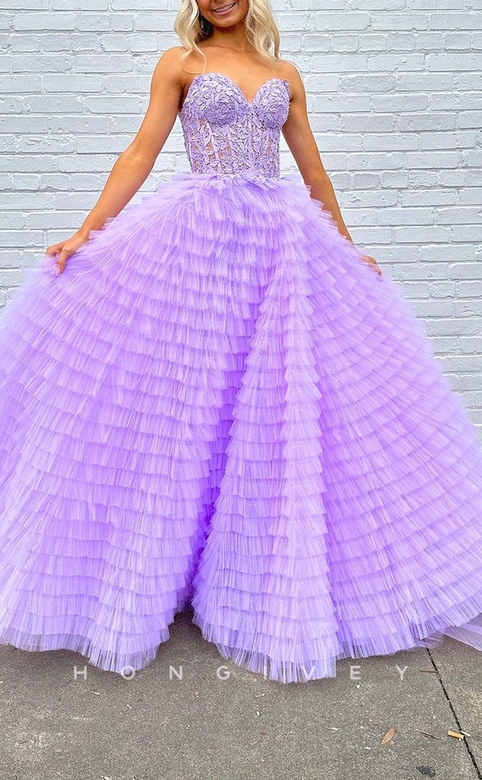 Sweetheart Strapless Tulle A-Line Dress with Appliques & Side Slit