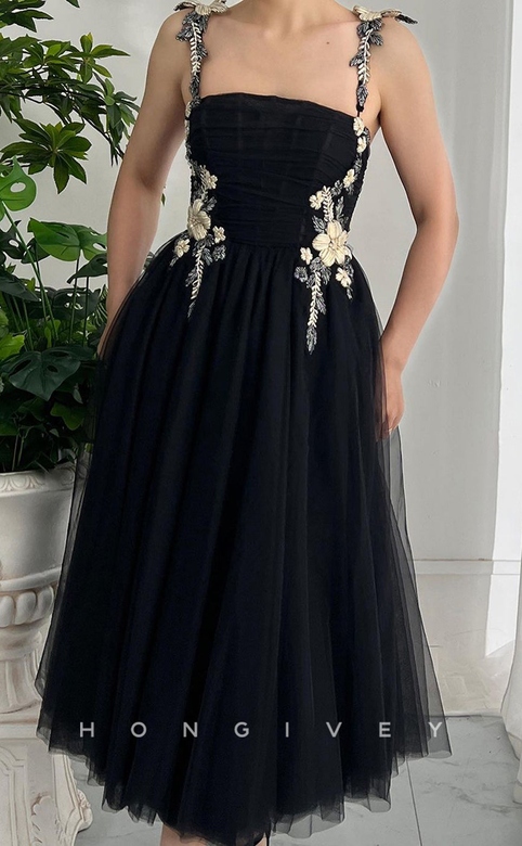 Tulle A-Line Spaghetti Strap Dress, Floral Appliques, Prom/Evening