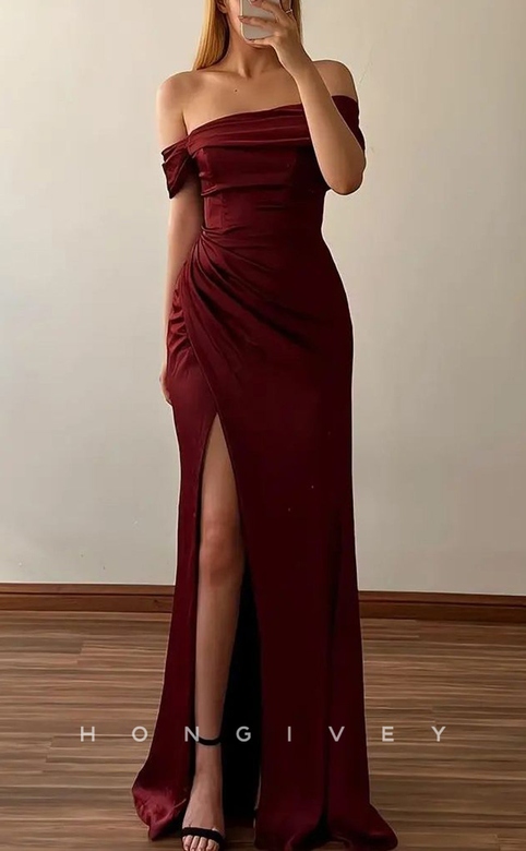 Satin Fitted Off-Shoulder Ruched Dress with Side Slit for Prom