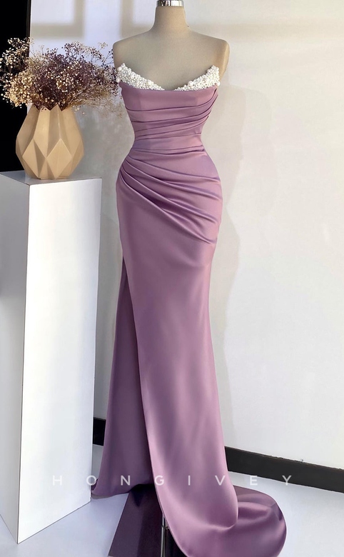 Satin V-Neck Strapless Beaded Pleat Dress with Side Slit for Prom