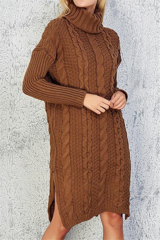 High Neck Cable Knit Slit Sweater Dress for Women