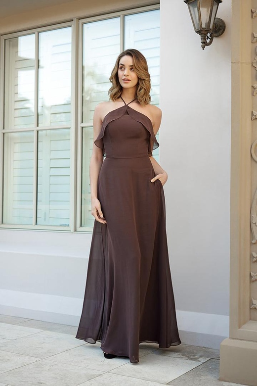 Halter Ruffles Chiffon A-Line Long Bridesmaid Dress