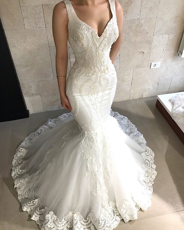 Strapless Fit and Flare Beaded Applique Wedding Dress in Tulle