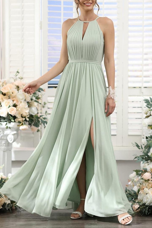 Halter Ruched Cut Outs Chiffon A-Line Long Bridesmaid Dress with Side Slit