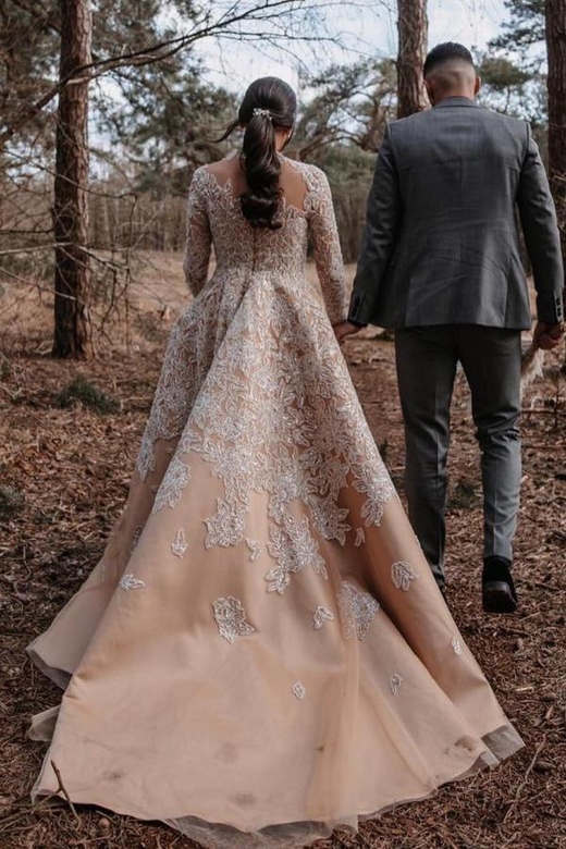 Champagne Long Sleeves Ball Gown Appliques Dress