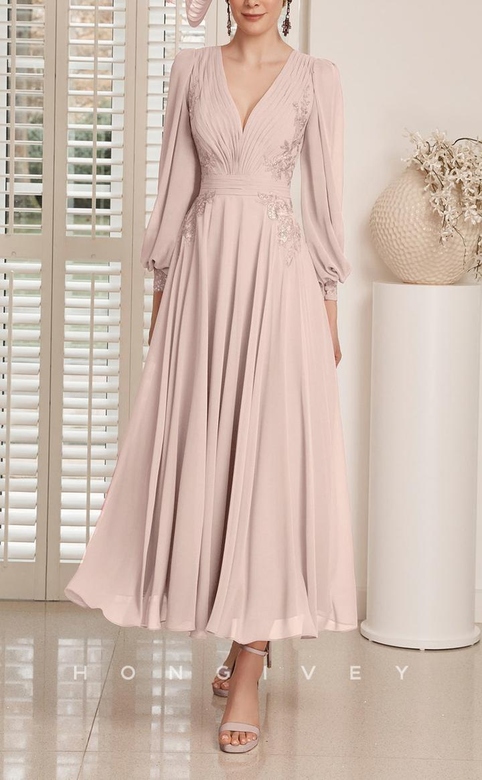 Elegant Satin A-Line V-Neck Long Sleeves Appliques Ruched Gown