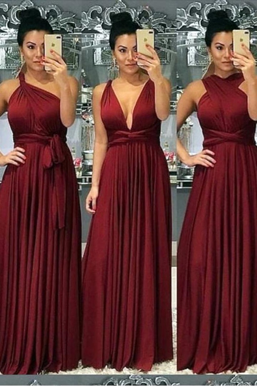 Wine Red Simple Ruched Chiffon A-Line Elegant Bridesmaid Gown