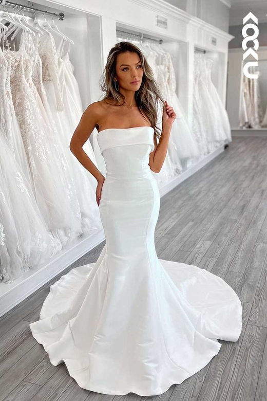 Strapless White Satin Mermaid Wedding Dress with Train