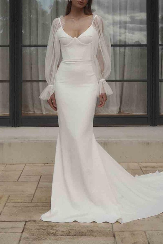 Stylish V-Neck Long-Sleeved Tulle Satin Mermaid Wedding Dress