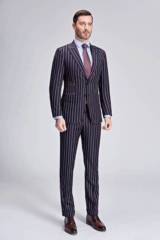 Dark Navy Stripes Mens Suits, Peak Lapel Three Pockets