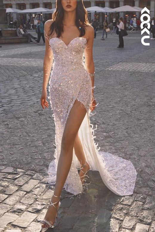 Sweetheart Strapless Sequined Beaded Feather Long Wedding Gown