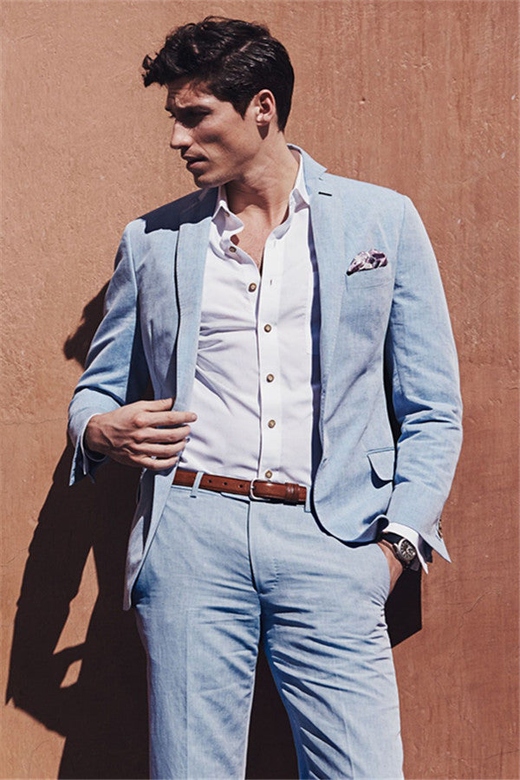 Fashion Casual Sky Blue Linen Summer Men's Wedding Suit