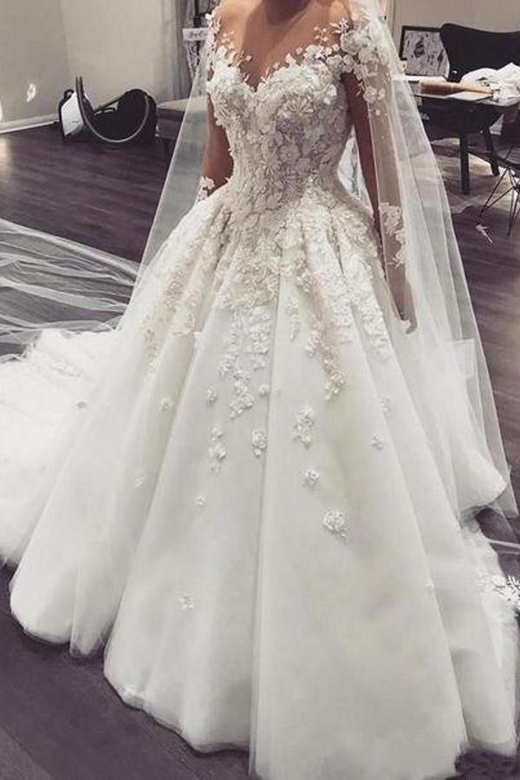 Long Sleeves Overskirt Wedding Dress, 3D Floral Appliques