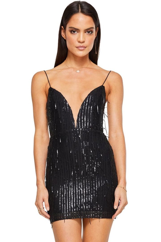 Black Sparkly Mesh Deep V Spaghetti Strap Sequin Fringe Mini Dress