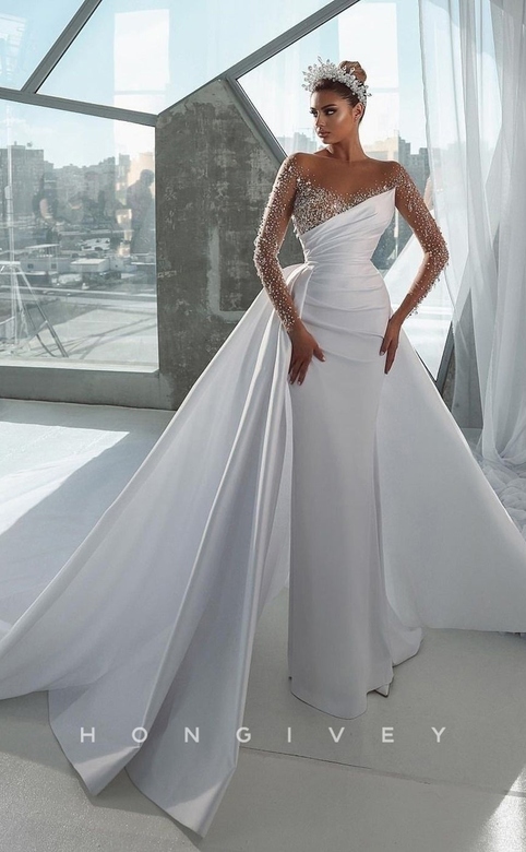 Illusion Cutout Rhinestone Beaded Wedding Dress with Train