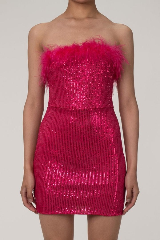 Luxurious Faux Feather Trim Strapless Sequin Party Mini