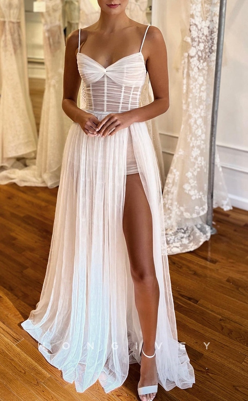 Simple Illusion Wedding Dress with Long Train & Slit