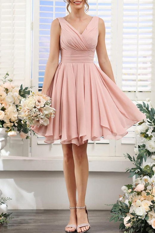 Sleeveless V-Neck Ruched Chiffon A-Line Short Bridesmaid Gown