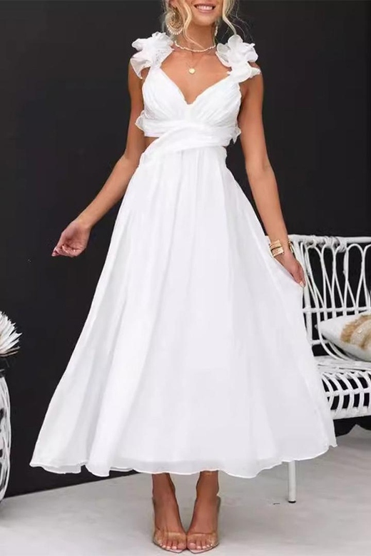 Sweet Elegant Solid Backless Strap Design V-Neck A-Line Gown