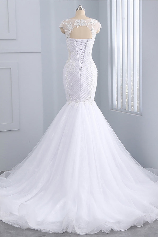 Stunning Jewel Tulle Lace Mermaid Wedding Gown, Sleeveless Appliques