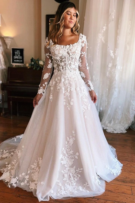 Square Neck Long Sleeves Lace Appliqued Tulle Wedding Dress