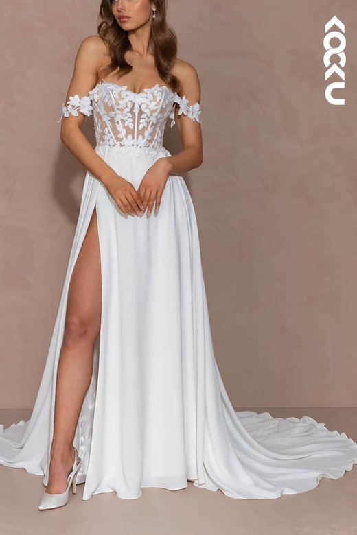 Off-Shoulder Sleeveless Appliqued Sheer Satin Wedding Dress