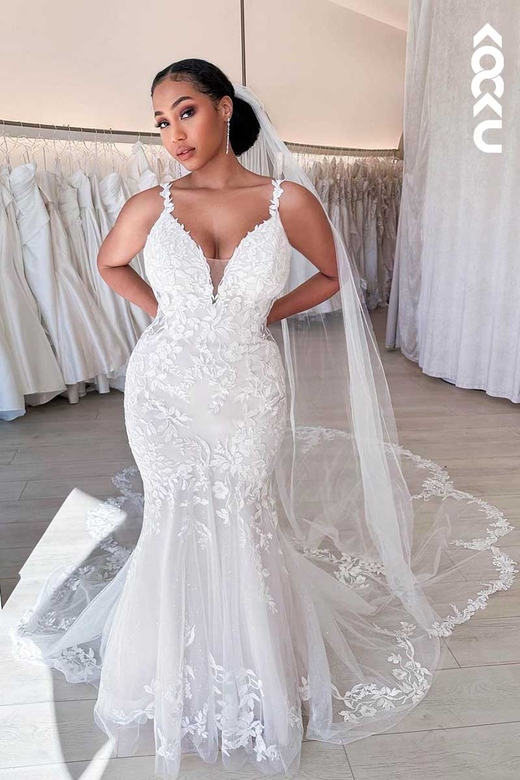 Deep V-Neck Lace Applique Mermaid Wedding Dress with Train