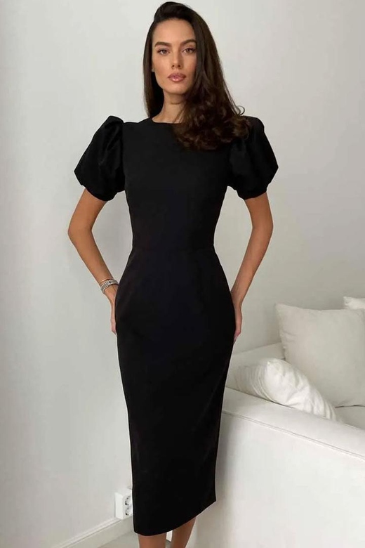 French Crew Neck Black Puff Sleeve Cocktail Party Midi Dress