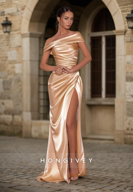 Sheath Off-Shoulder Empire Pleats Prom Evening Dress