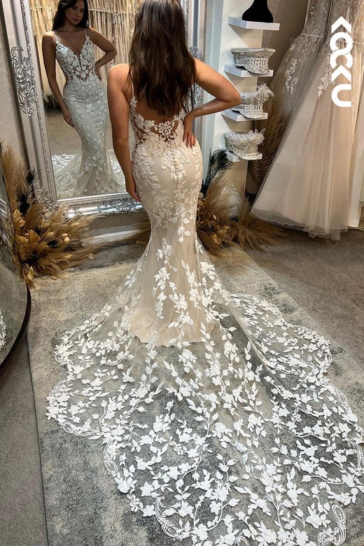 Sexy Sheath & Mermaid Straps V-Neck Floral Wedding Dress, Court Train