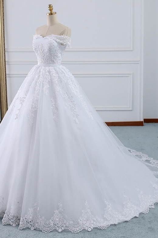 Unique Off-the-Shoulder Applique Lace Wedding Gown, Ball Gown Style