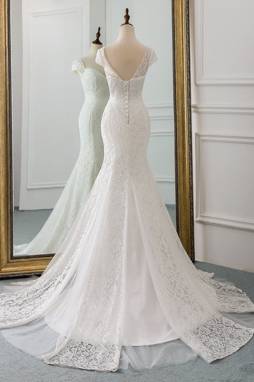 Elegant Lace Cap-Sleeves Sweetheart Mermaid Wedding Dress Sale