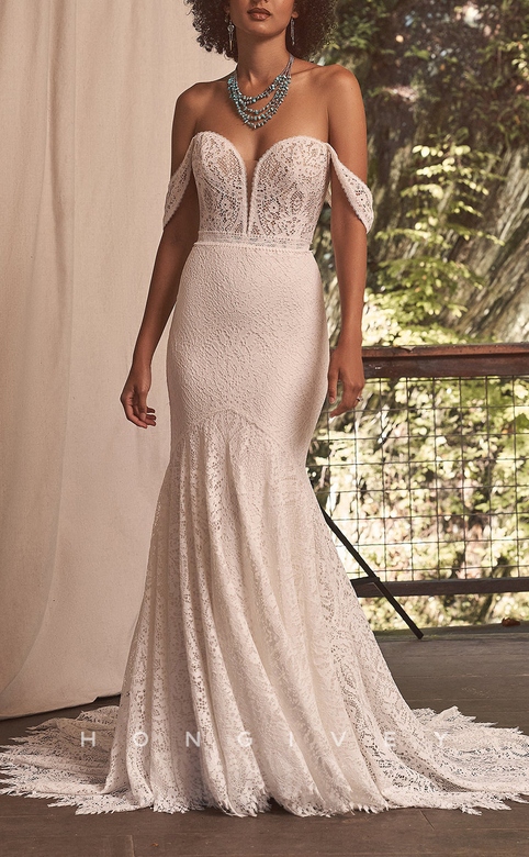 Sexy Trumpt V-Neck Off-Shoulder Train Boho Wedding Gown