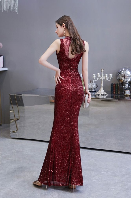 Elegant Illusion Neck Burgundy Mermaid Prom Gown, Sleeveless & Chic