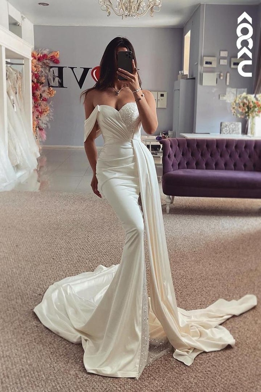 Classic Off-Shoulder Cap Sleeves Mermaid Satin Wedding Dress