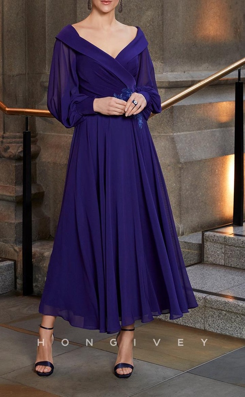 Glamorous Satin A-Line V-Neck Ruched Appliques Long Sleeves Gown