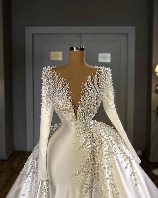 Glamorous Long-Sleeved Pearls Wedding Dress, V-Neck, Detachable Train