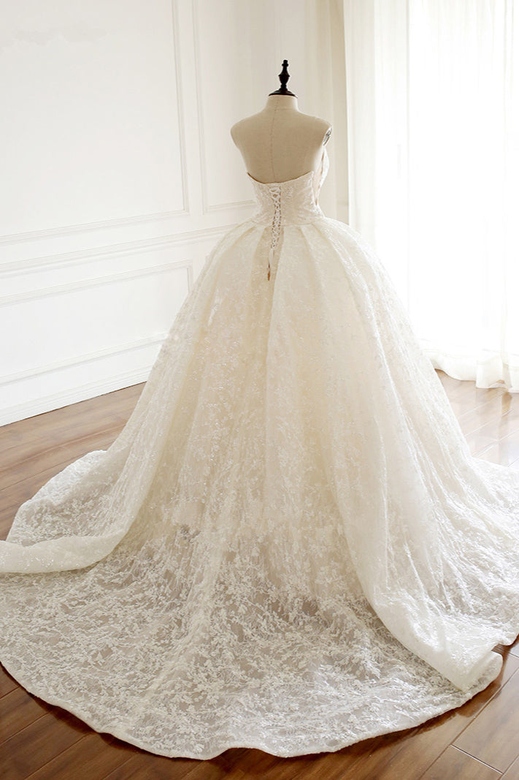 Sexy Deep-V Strapless Tulle Wedding Dress with Lace Appliques