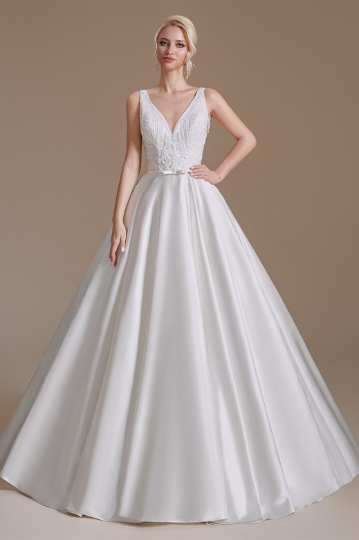 A-Line V-Neck Floor-Length Wedding Dress with Applique Detail | Ballbella