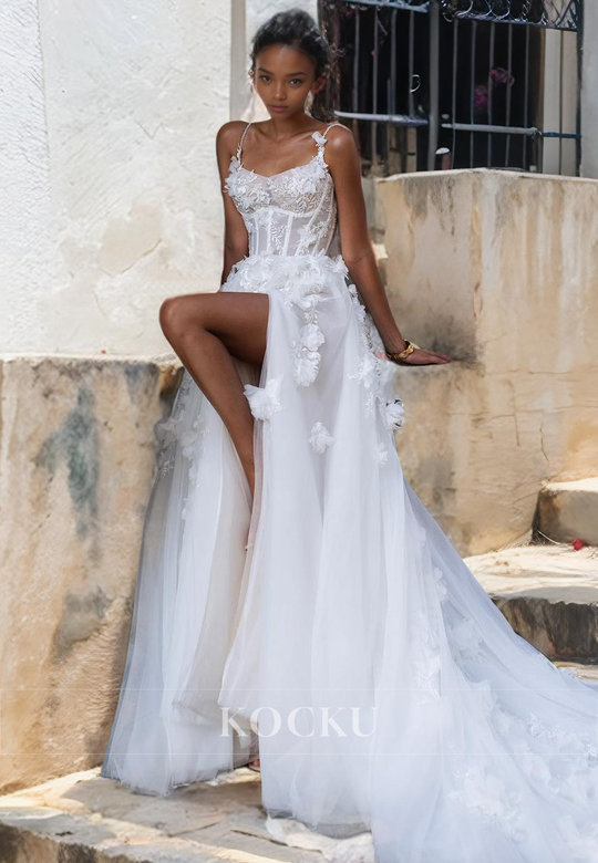 Couture Spaghetti Straps Square A-Line Tulle Wedding Gown