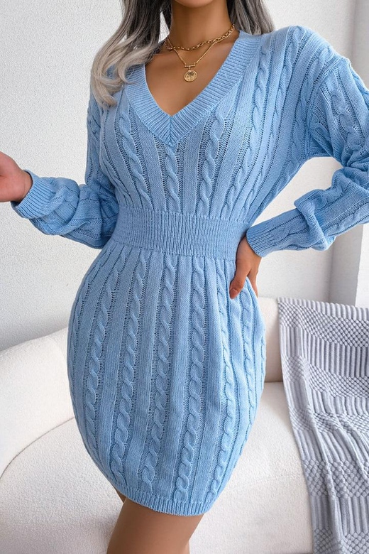 Sexy V-Neck Blue Winter Fisherman Cable Knit Sweater Mini Dress