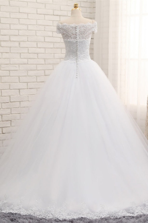 Modest Bateau Tulle Ruffles Wedding Dress, A-line White Lace & Appliques