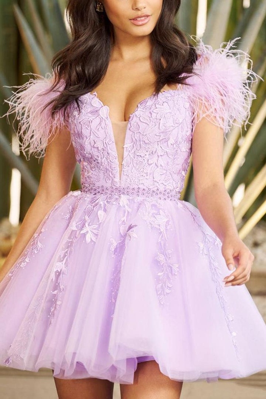 Low V-Neck Off-Shoulder Appliqued Feather A-Line Homecoming Gown