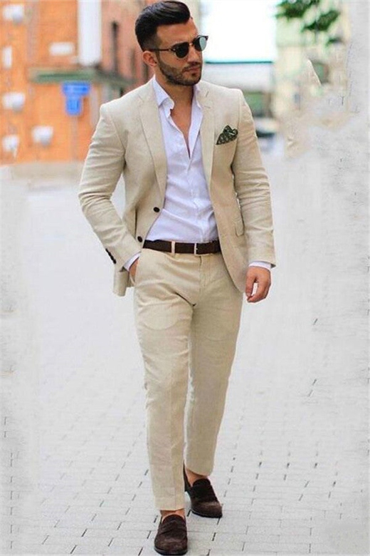 Ivory Casual Summer Linen Blazer Suit, Beige Slim Fit Wedding