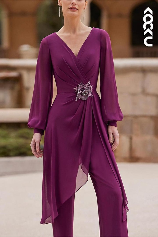 Elegant Couture V-Neck Long Sleeves Chiffon Two-Piece Mother Dress