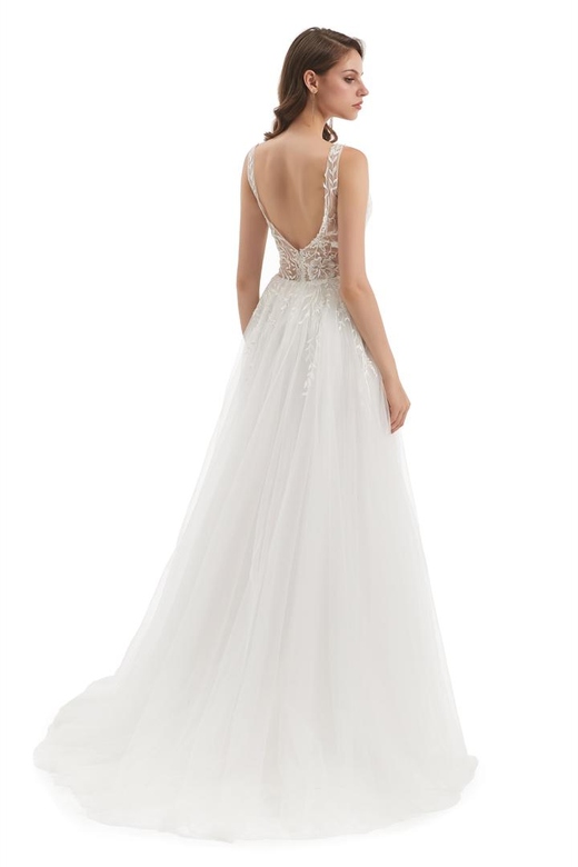 A-Line V-Neck Floor-Length Sleeveless Backless Appliques Lace Wedding Dress