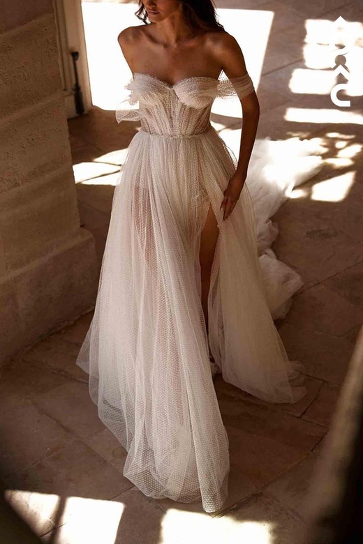 Off-Shoulder Ruched Sheer Tulle Long Wedding Dress with Sweetheart