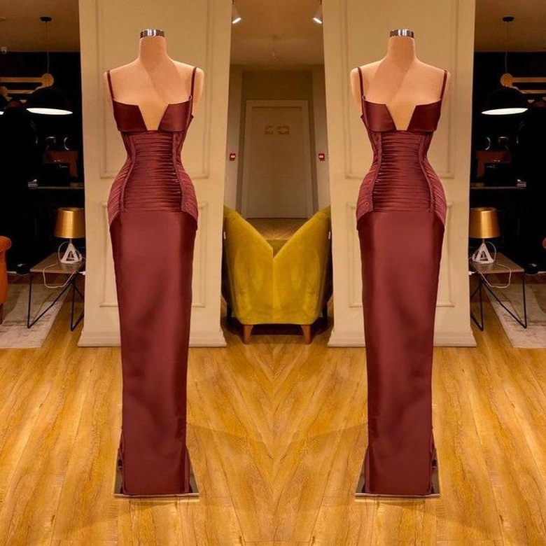 Designer Burgundy Spaghetti-Straps Mermaid Prom Dress, Long with Ruched