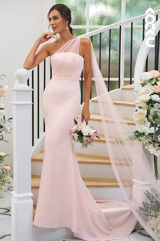 One Shoulder Satin Sheath Long Bridesmaid Dress with Tulle