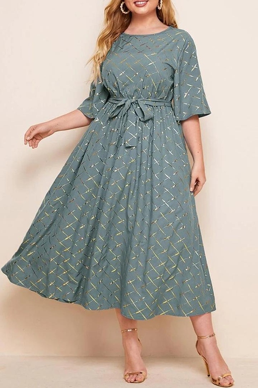 Elegant Print Bandage O-Neck A-Line Plus Size Dresses